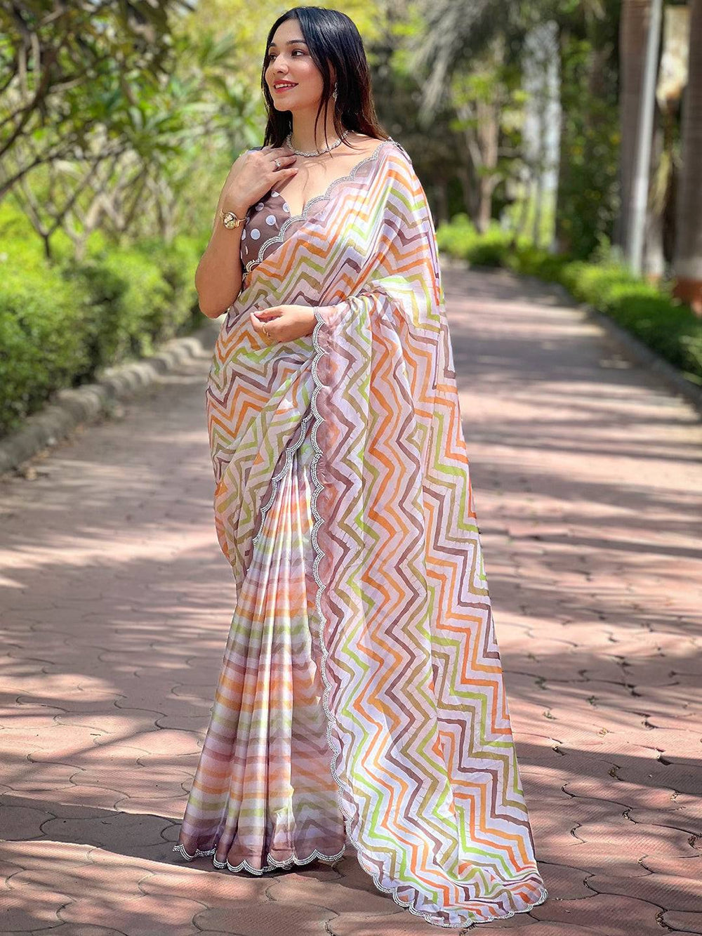 Pastel Multi Color Zigzag Printed Saree for Women with Scallop Lace Border