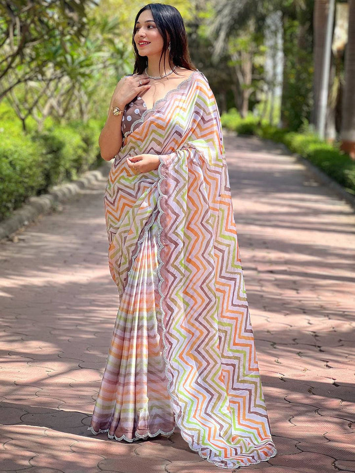 Pastel Multi Color Zigzag Printed Saree for Women with Scallop Lace Border