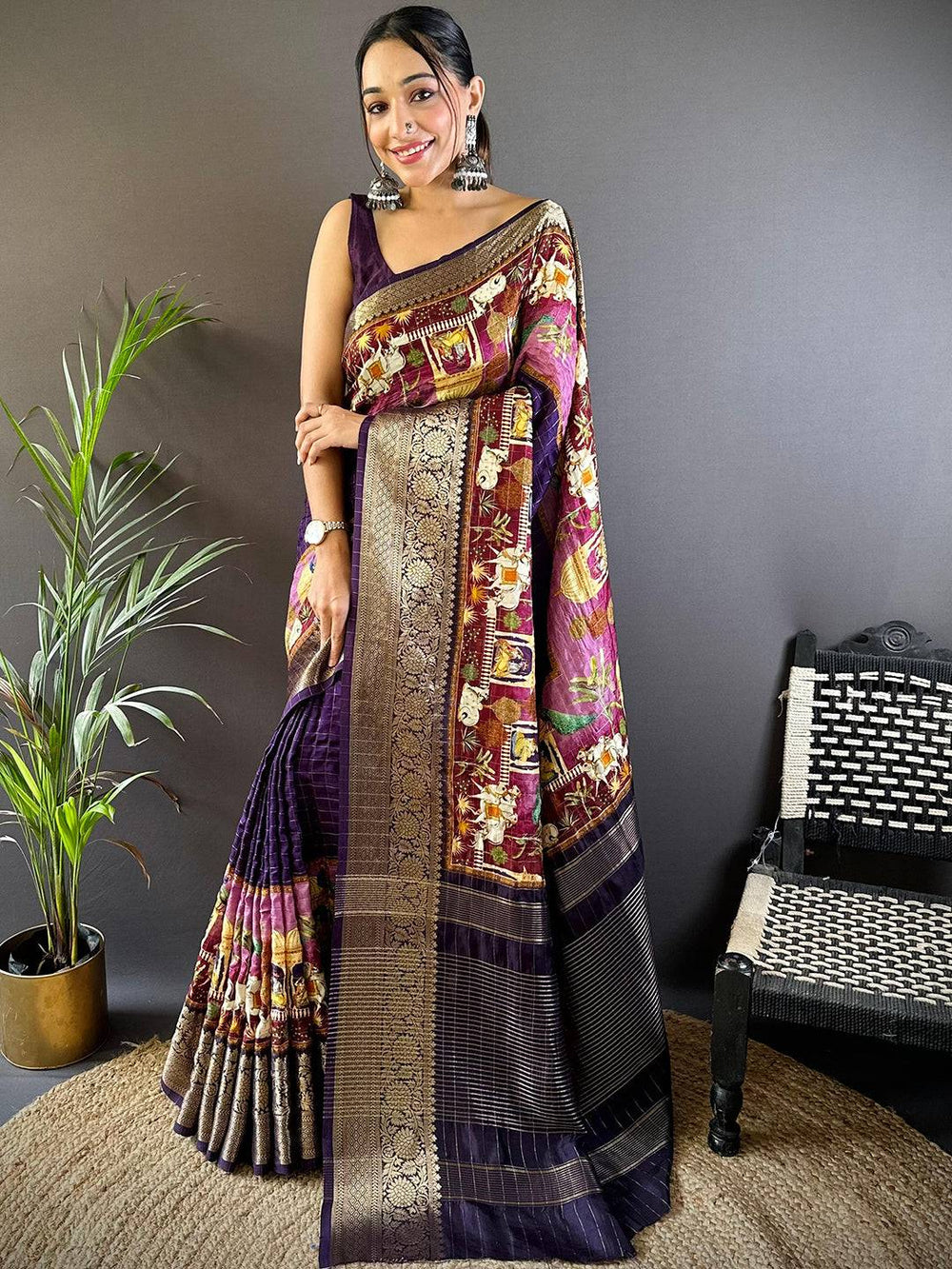 Purple Banarasi Silk Saree for Women with Rich Zari Border & Traditional Multicolor Pallu