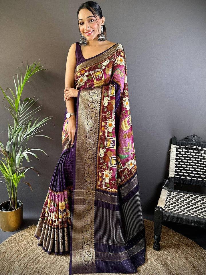 Purple Banarasi Silk Saree for Women with Rich Zari Border & Traditional Multicolor Pallu