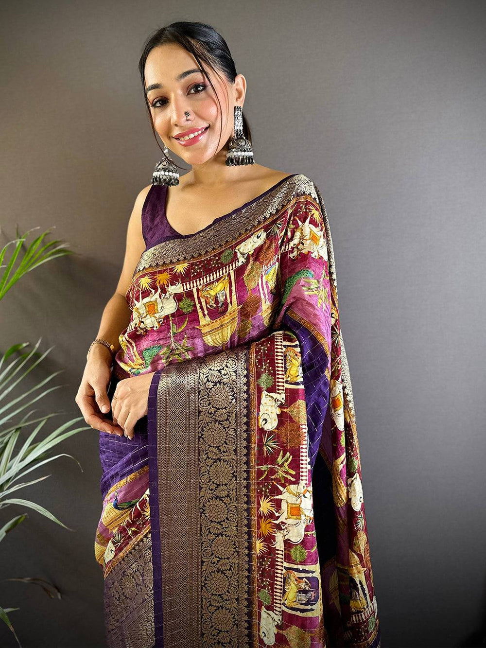 Purple Banarasi Silk Saree for Women with Rich Zari Border & Traditional Multicolor Pallu