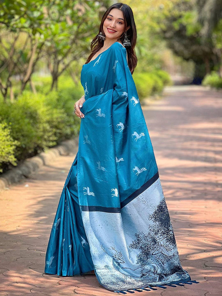 Teal Blue Printed Silk Saree for Women with Deer Motifs & Artistic Pallu