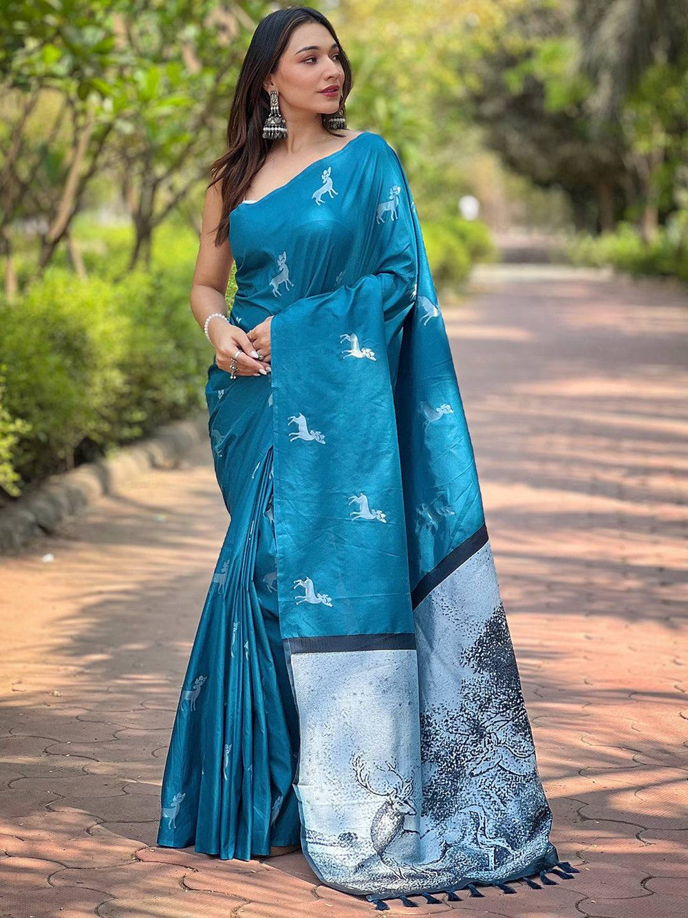 Teal Blue Printed Silk Saree for Women with Deer Motifs & Artistic Pallu