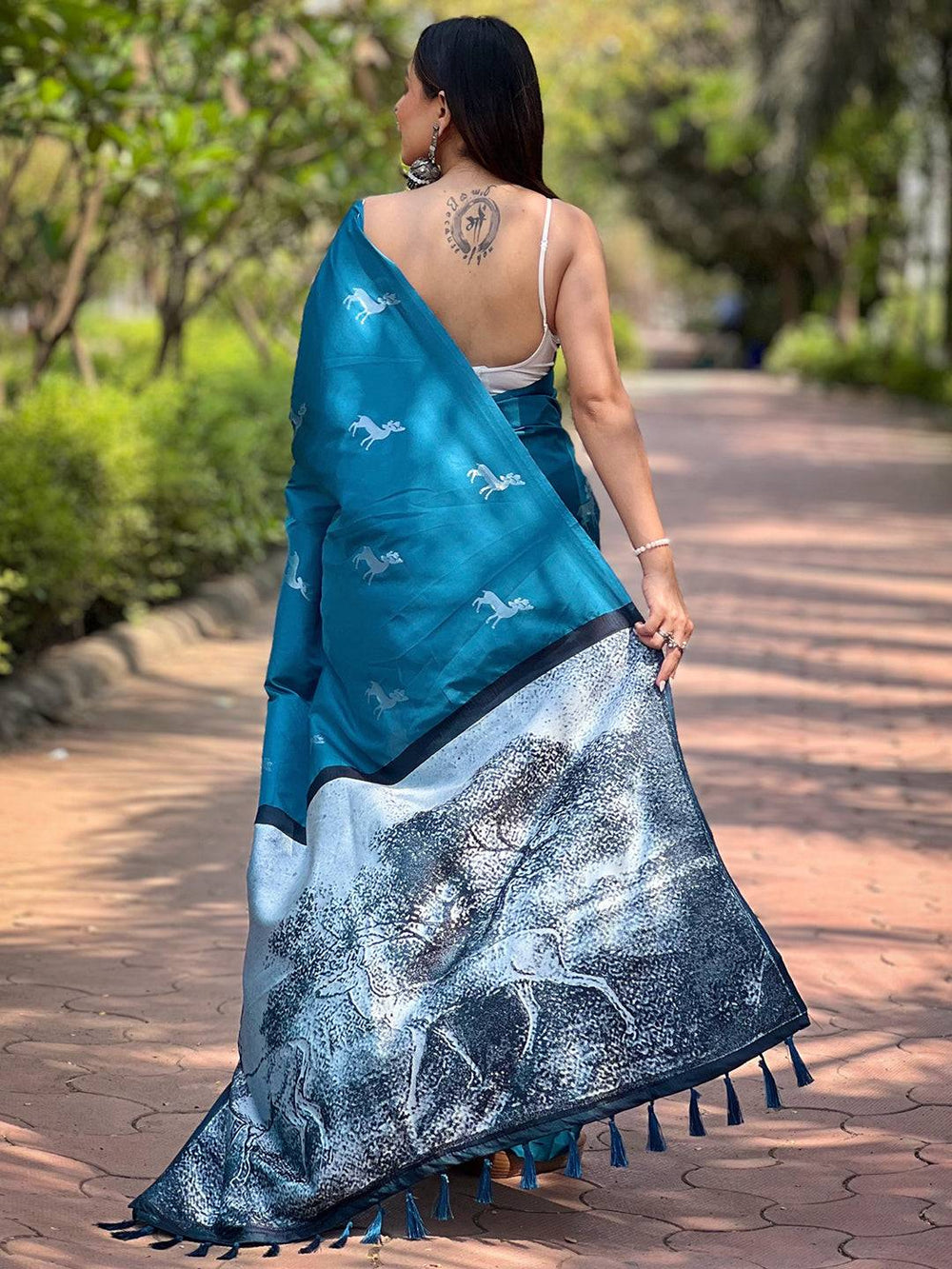 Teal Blue Printed Silk Saree for Women with Deer Motifs & Artistic Pallu