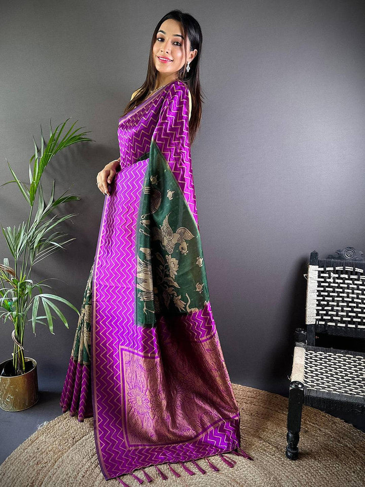 Purple Banarasi Silk Saree with Golden Zigzag Weave & Green Mythical Motif Pallu