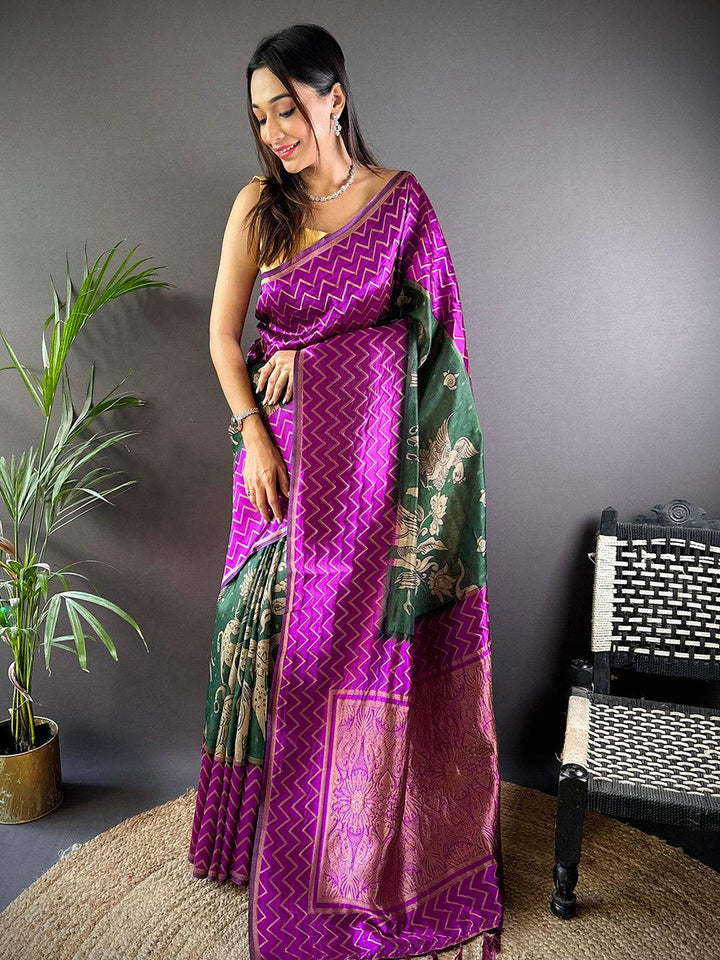 Purple Banarasi Silk Saree with Golden Zigzag Weave & Green Mythical Motif Pallu