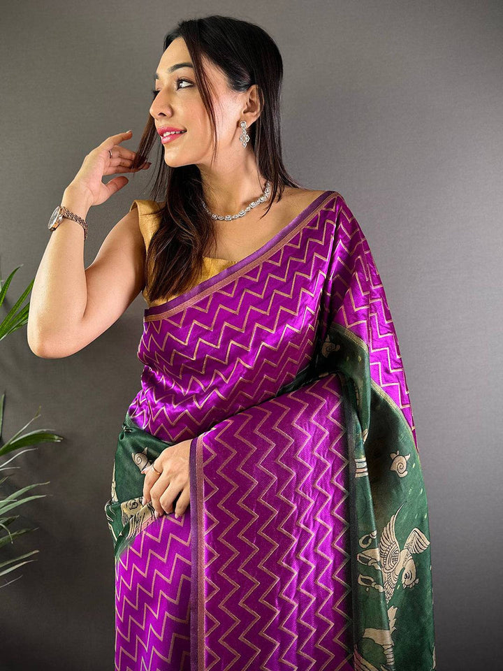 Purple Banarasi Silk Saree with Golden Zigzag Weave & Green Mythical Motif Pallu
