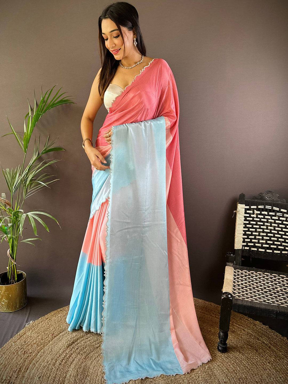 Pink & Sky Blue Ombre Satin Silk Saree for Women with Scallop Border