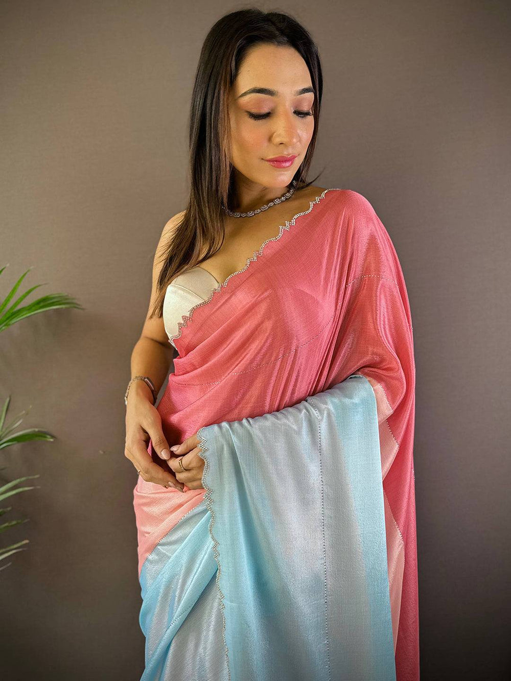 Pink & Sky Blue Ombre Satin Silk Saree for Women with Scallop Border