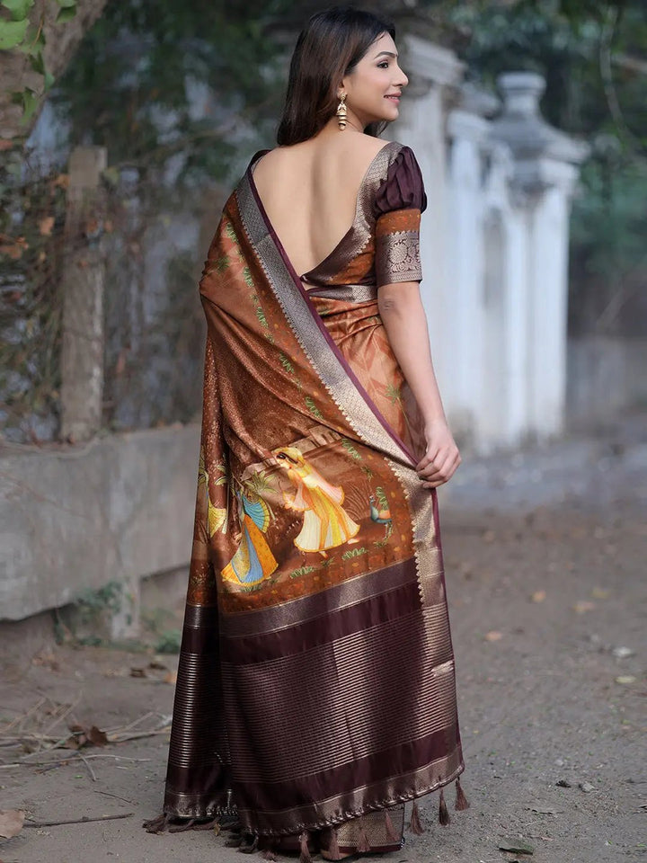 Brown & Maroon Banarasi Silk Saree for Women with Rich Zari Weaving