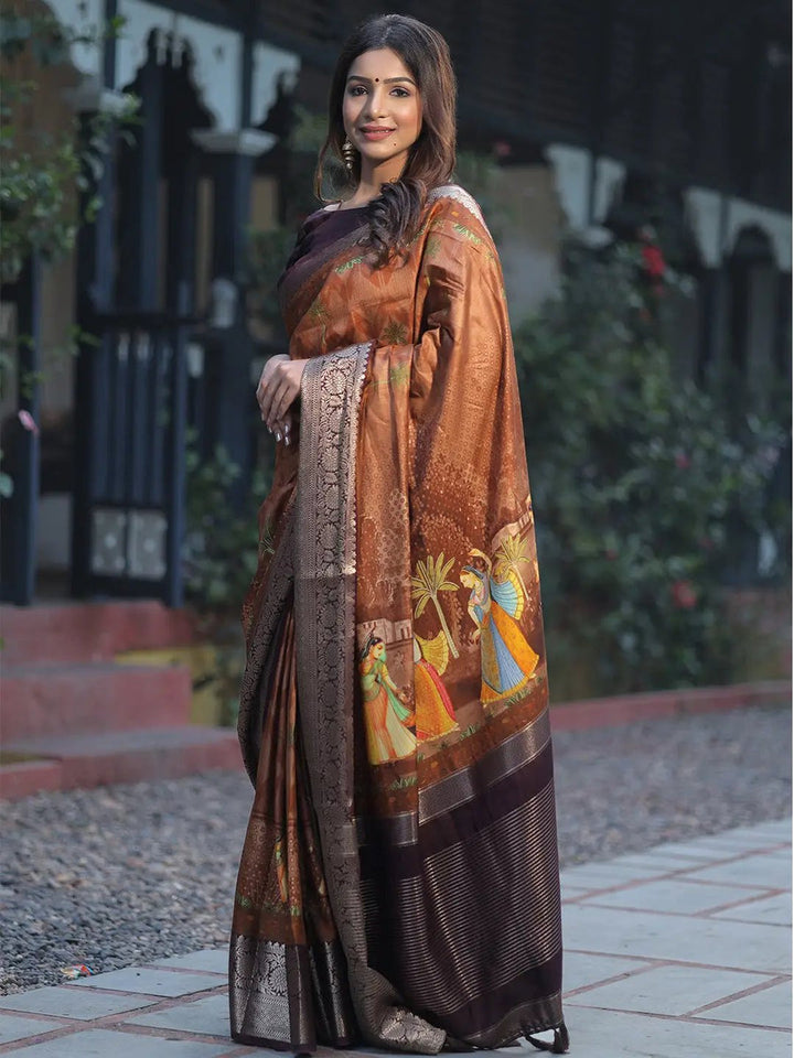 Brown & Maroon Banarasi Silk Saree for Women with Rich Zari Weaving