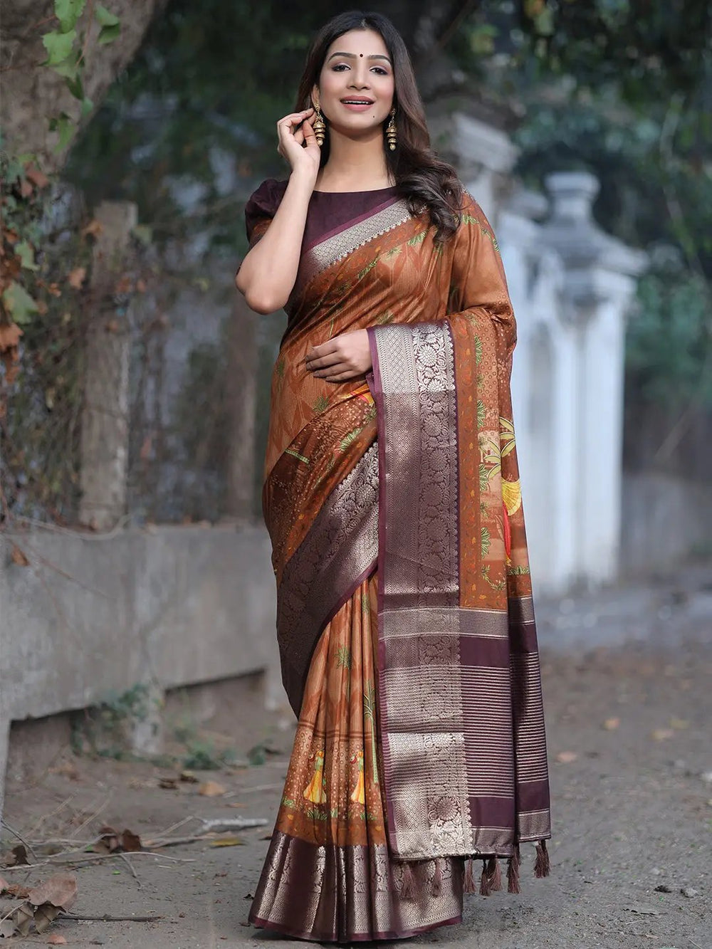 Brown & Maroon Banarasi Silk Saree for Women with Rich Zari Weaving