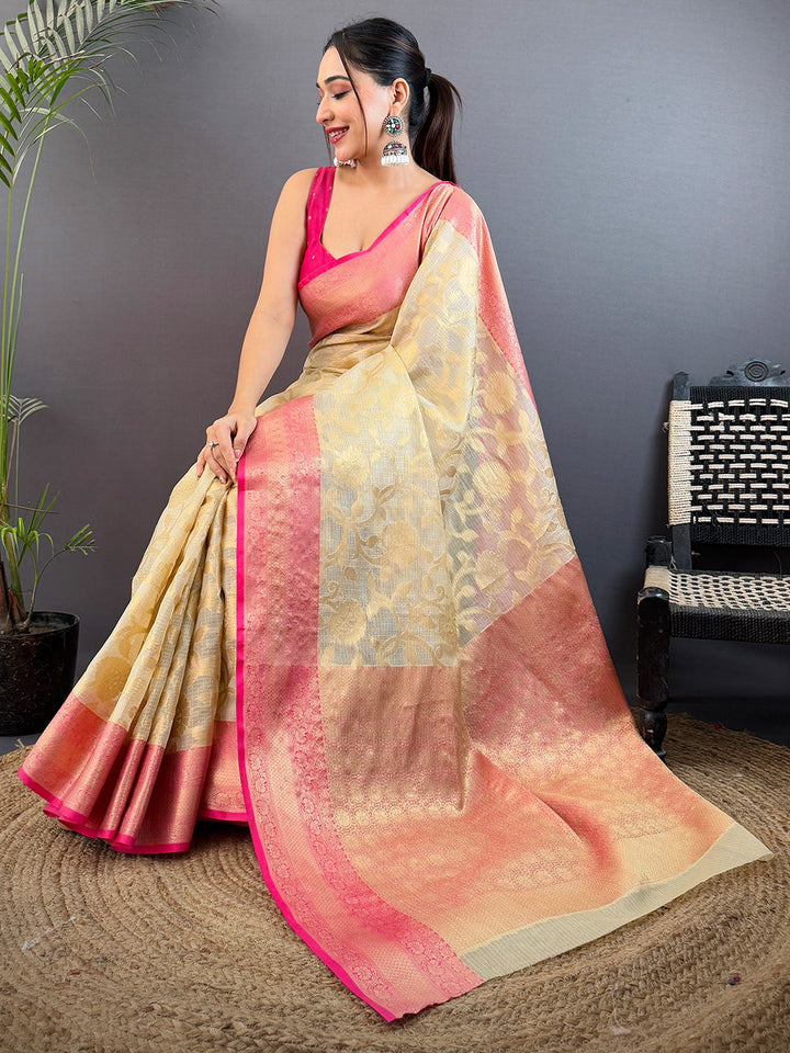 Cream & Pink Banarasi Soft Silk Saree with Gold Zari Weaving
