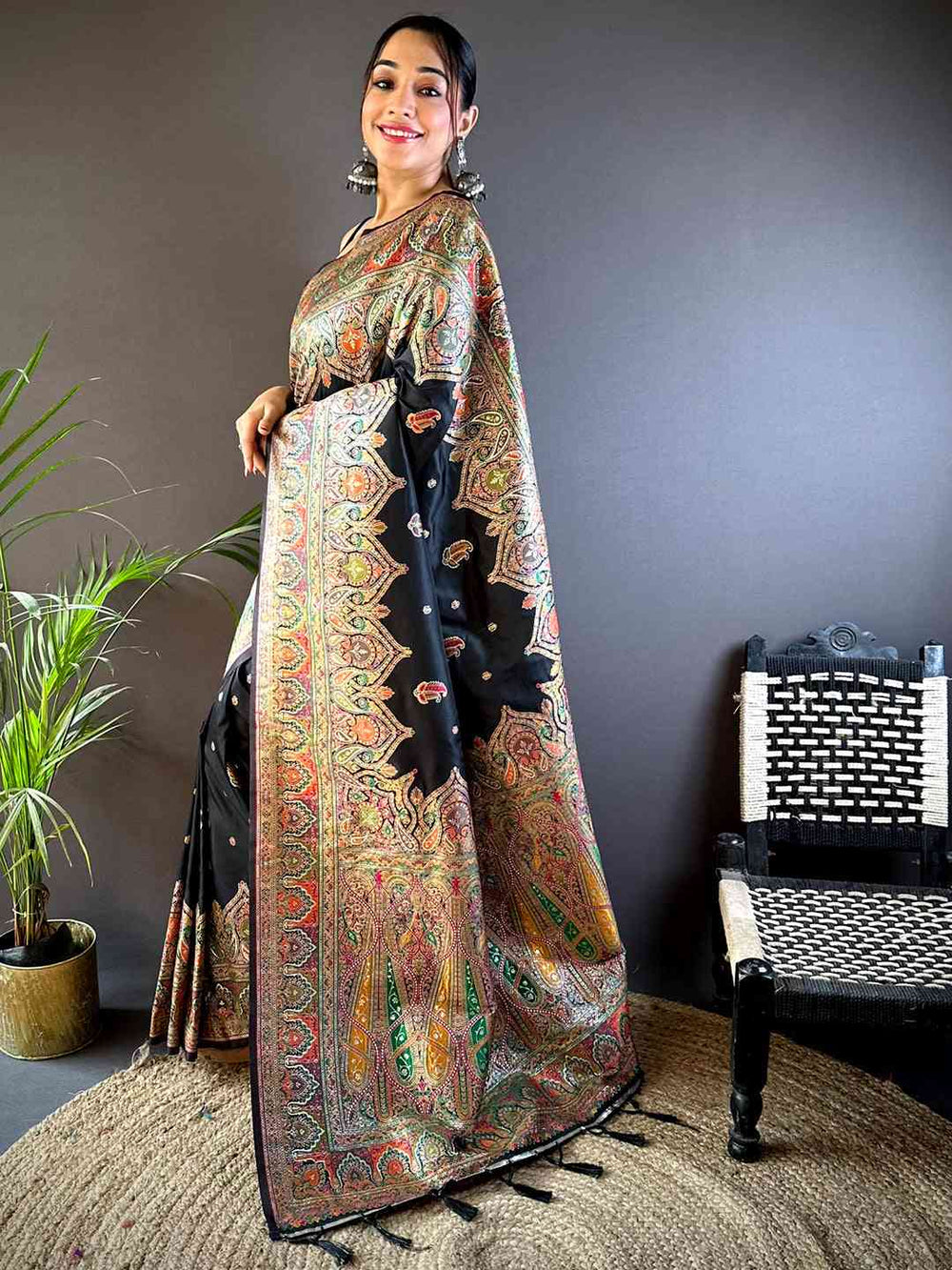 Black Kashmiri Print Silk Saree for Women with Rich Multi Color Paisley Design