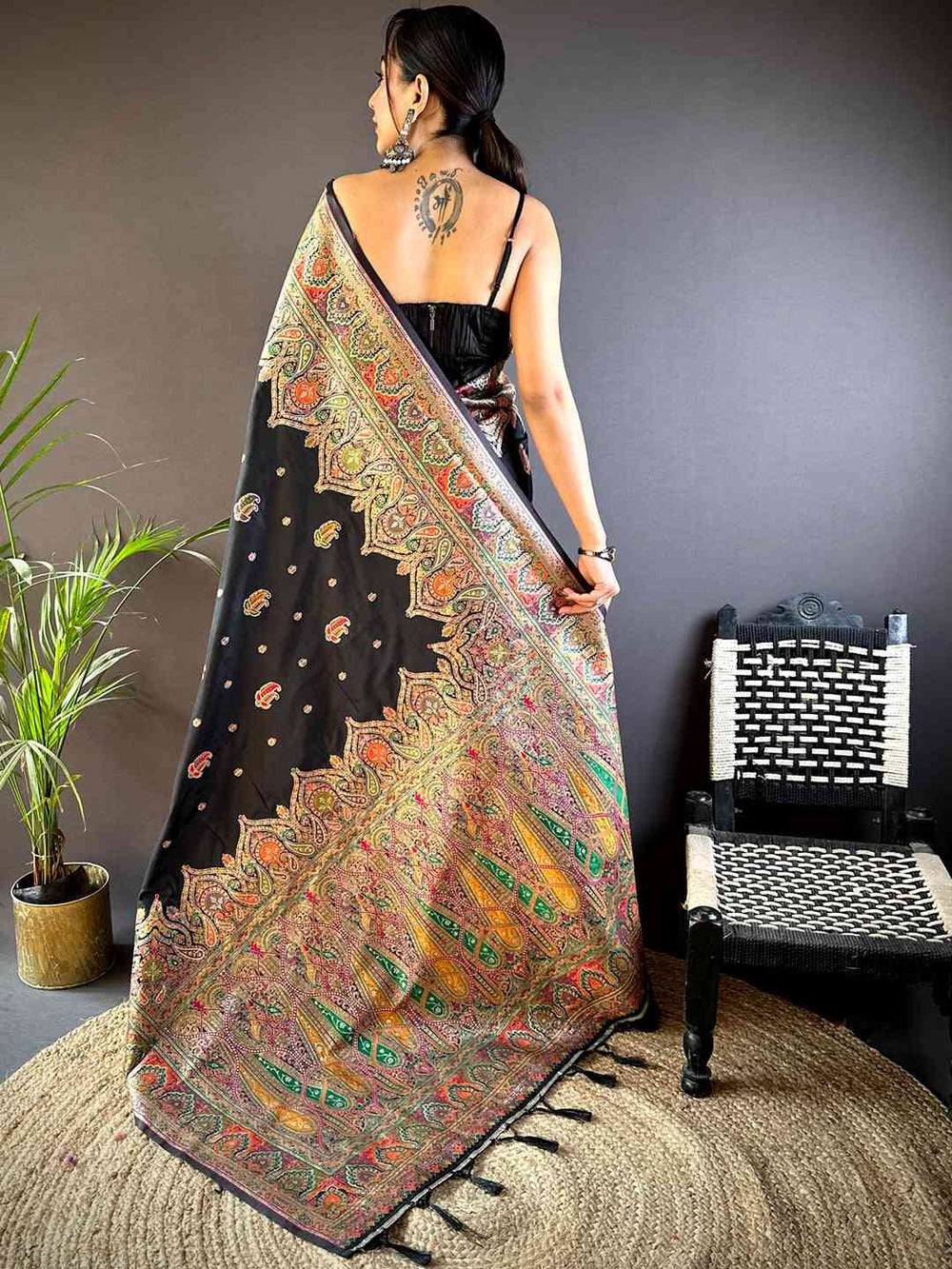 Black Kashmiri Print Silk Saree for Women with Rich Multi Color Paisley Design