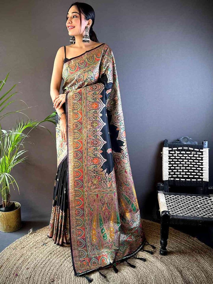 Black Kashmiri Print Silk Saree for Women with Rich Multi Color Paisley Design