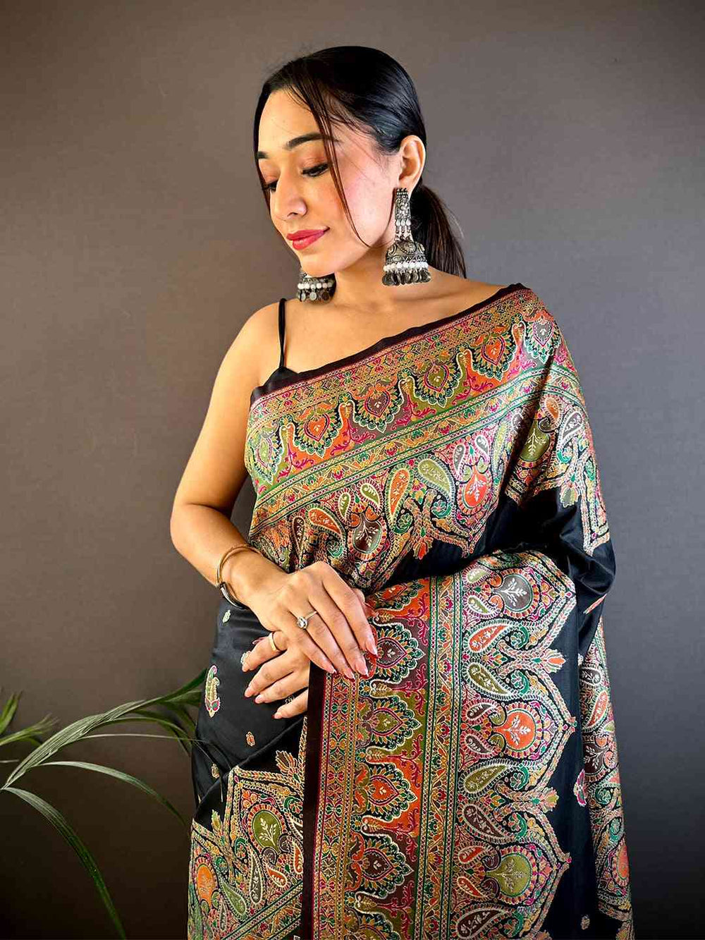 Black Kashmiri Print Silk Saree for Women with Rich Multi Color Paisley Design