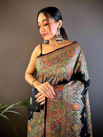 Black Kashmiri Print Silk Saree for Women with Rich Multi Color Paisley Design