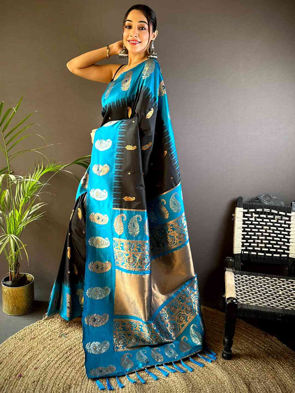 Teal Blue & Black Banarasi Silk Saree for Women with Rich Zari Weaving