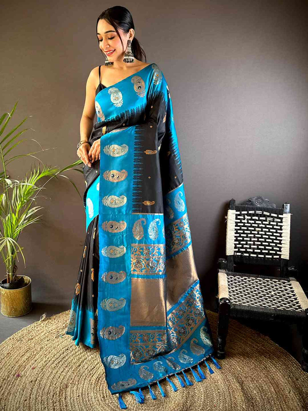 Teal Blue & Black Banarasi Silk Saree for Women with Rich Zari Weaving