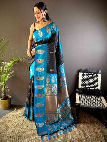 Teal Blue & Black Banarasi Silk Saree for Women with Rich Zari Weaving