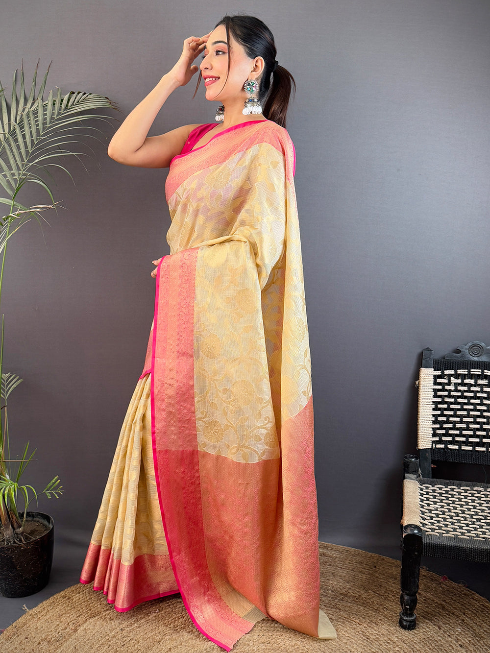 Cream & Pink Banarasi Soft Silk Saree with Gold Zari Weaving