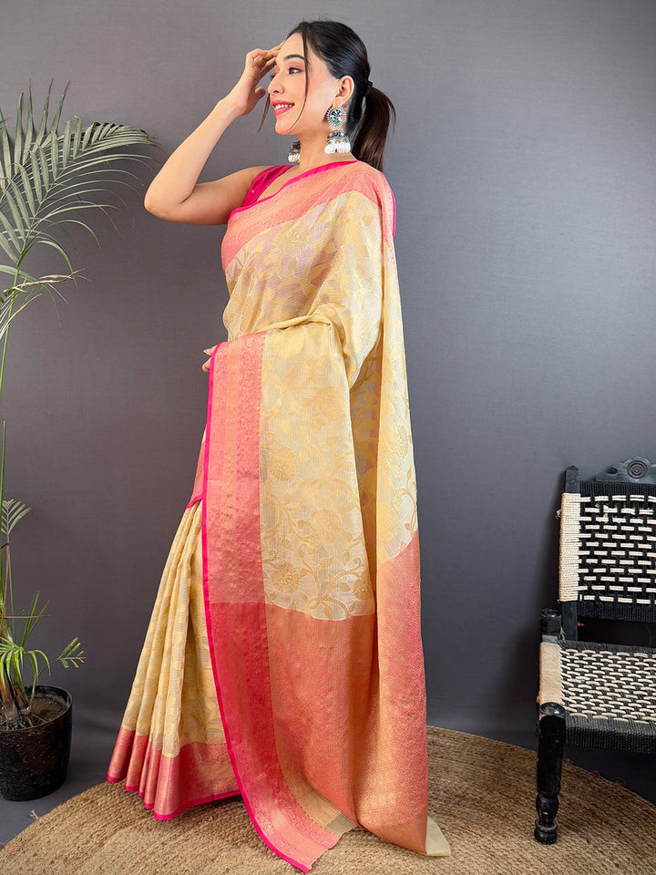 Cream & Pink Banarasi Soft Silk Saree with Gold Zari Weaving
