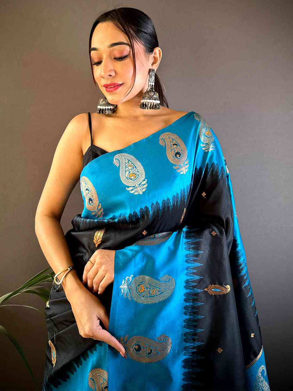 Teal Blue & Black Banarasi Silk Saree for Women with Rich Zari Weaving