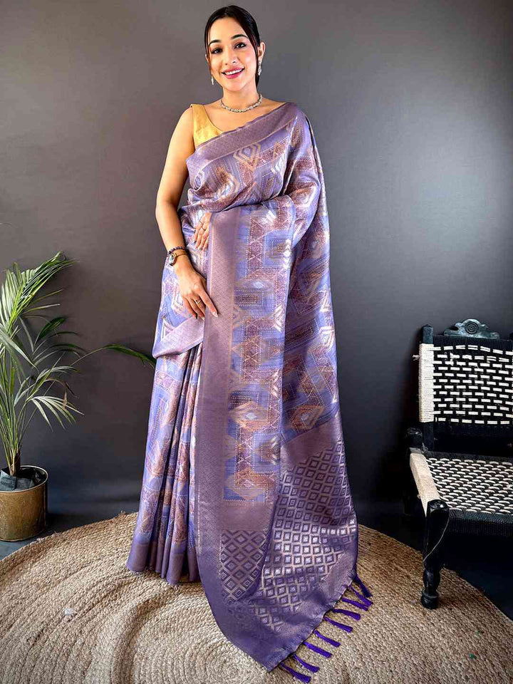 Lavender Banarasi Silk Saree for Women with Golden Zari Weaving