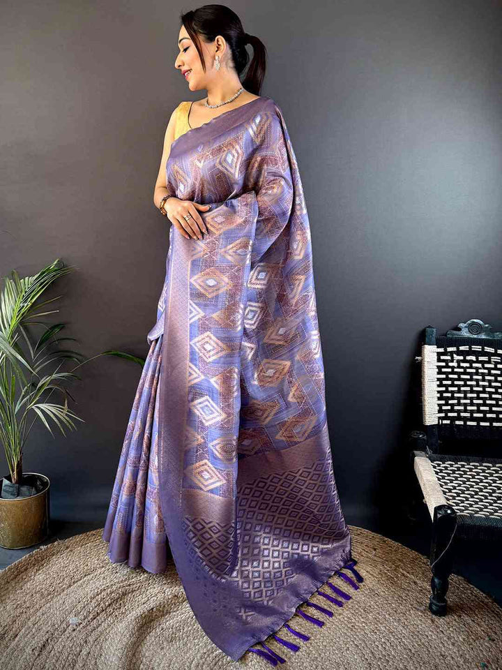 Lavender Banarasi Silk Saree for Women with Golden Zari Weaving