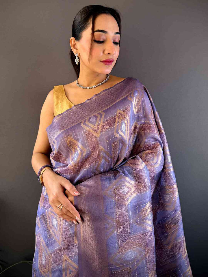 Lavender Banarasi Silk Saree for Women with Golden Zari Weaving