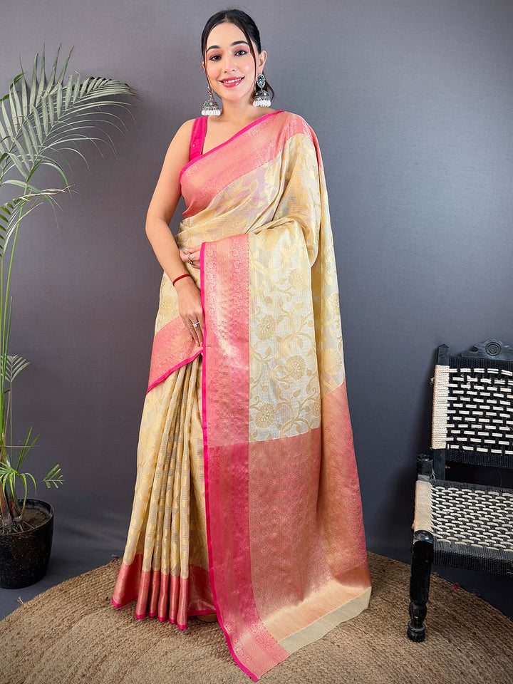 Cream & Pink Banarasi Soft Silk Saree with Gold Zari Weaving
