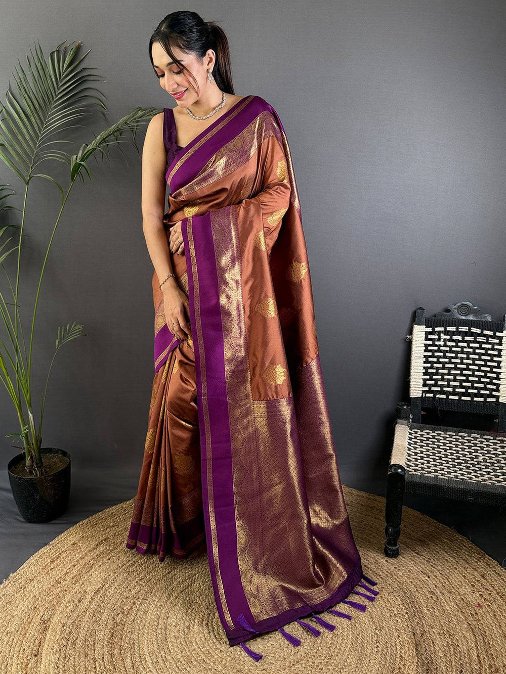 Brown & Purple Banarasi Silk Saree for Women with Golden Zari Weaving