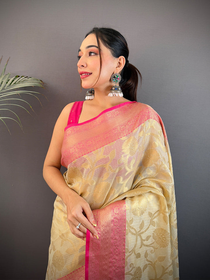 Cream & Pink Banarasi Soft Silk Saree with Gold Zari Weaving