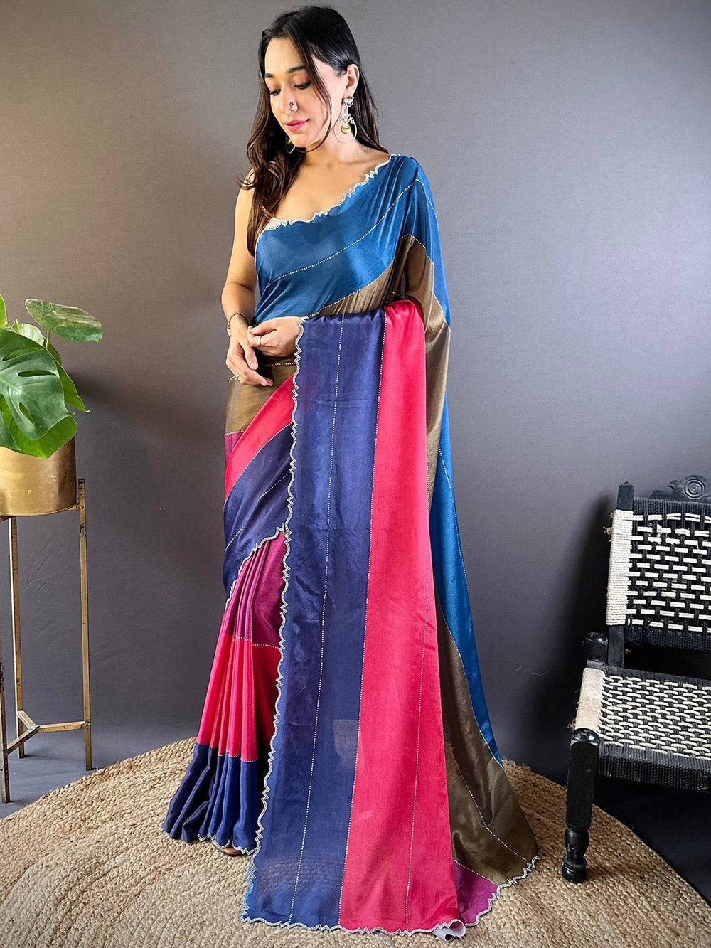 Multicolor Satin Silk Saree for Women with Scallop Border