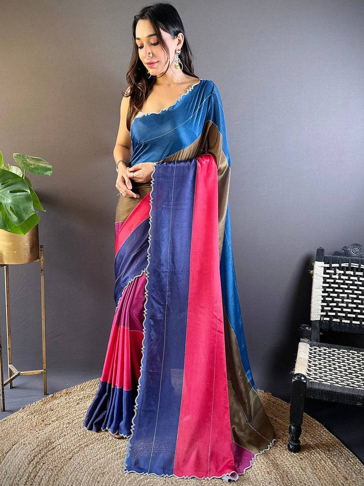 Multicolor Satin Silk Saree for Women with Scallop Border