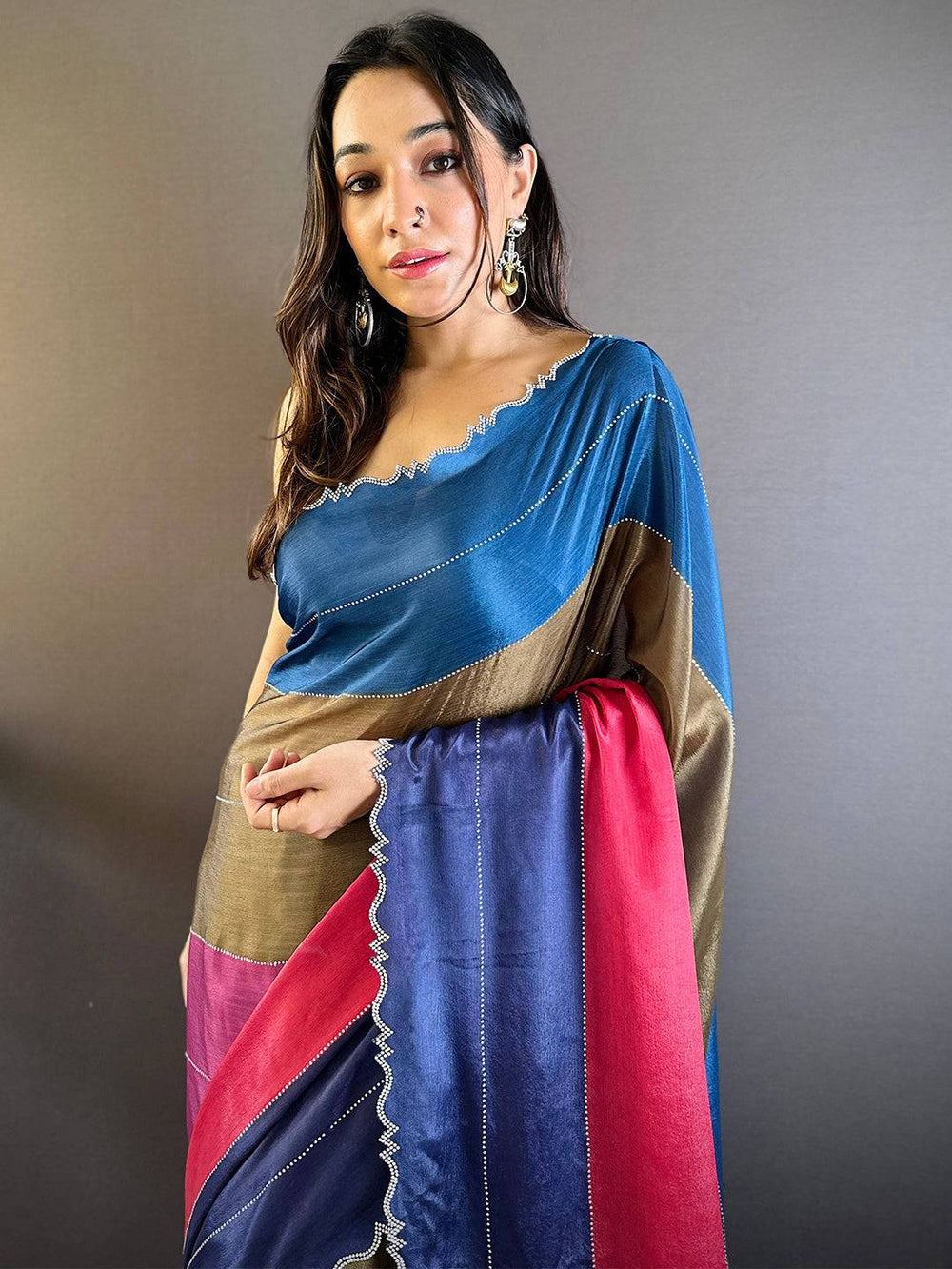 Multicolor Satin Silk Saree for Women with Scallop Border