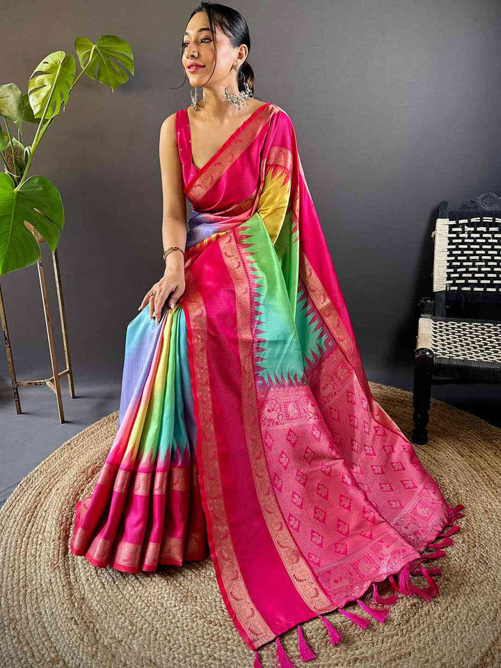 Multicolor Ombre Banarasi Silk Saree for Women with Pink Zari Border