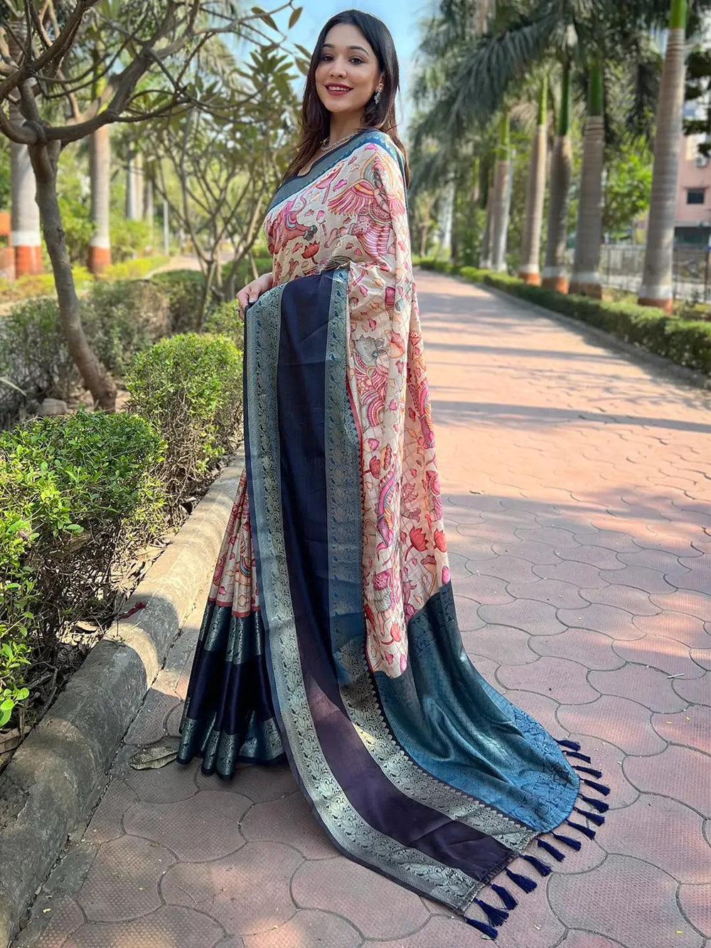 Navy Blue & Cream Floral Printed Banarasi Silk Saree for Women with Zari Border