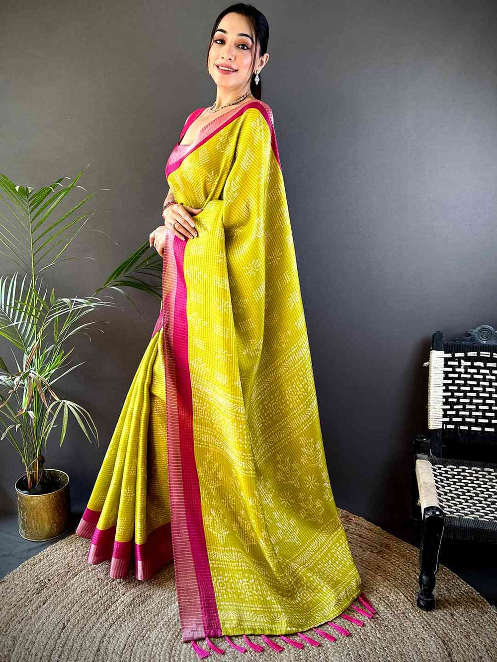 Lime Yellow & Pink Ikat Printed Silk Saree for Women with Contrast Border