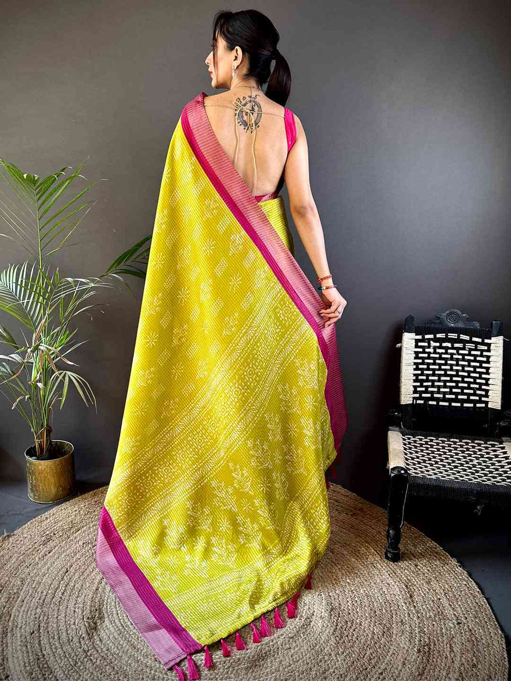 Lime Yellow & Pink Ikat Printed Silk Saree for Women with Contrast Border