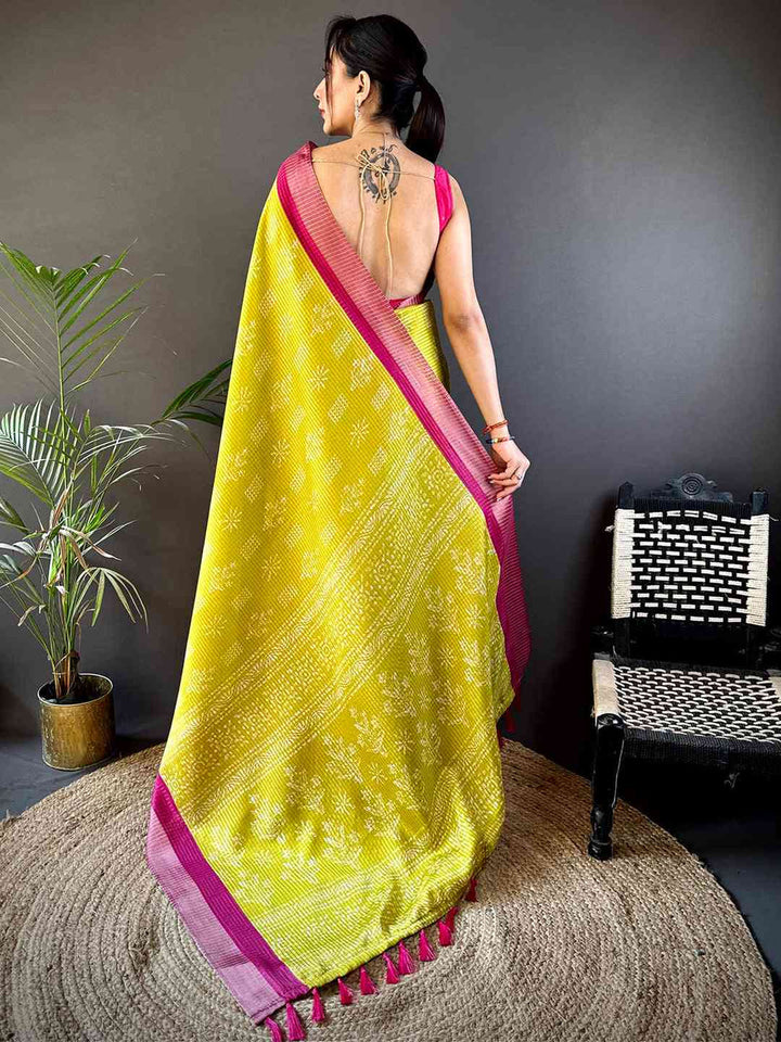 Lime Yellow & Pink Ikat Printed Silk Saree for Women with Contrast Border