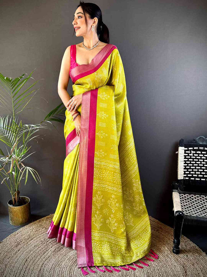 Lime Yellow & Pink Ikat Printed Silk Saree for Women with Contrast Border