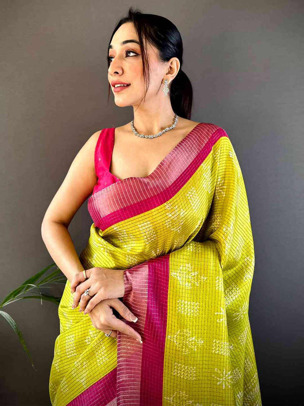 Lime Yellow & Pink Ikat Printed Silk Saree for Women with Contrast Border