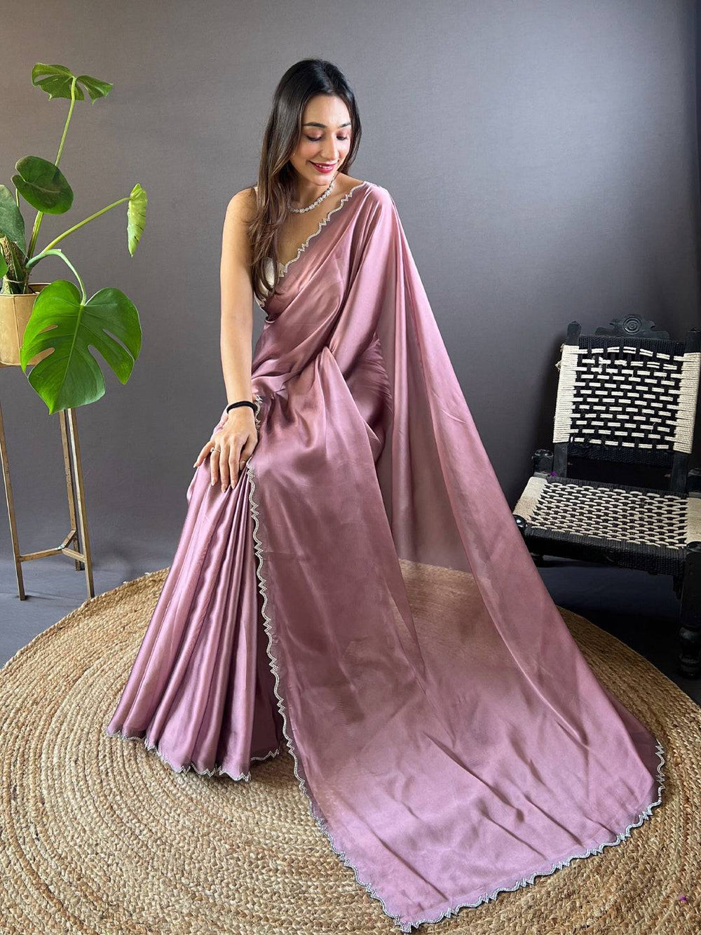 Dusty Pink Satin Silk Saree for Women with Scallop Border