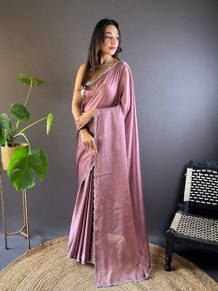 Dusty Pink Satin Silk Saree for Women with Scallop Border