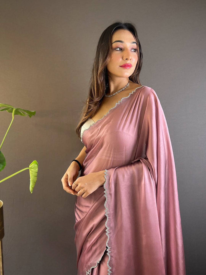 Dusty Pink Satin Silk Saree for Women with Scallop Border