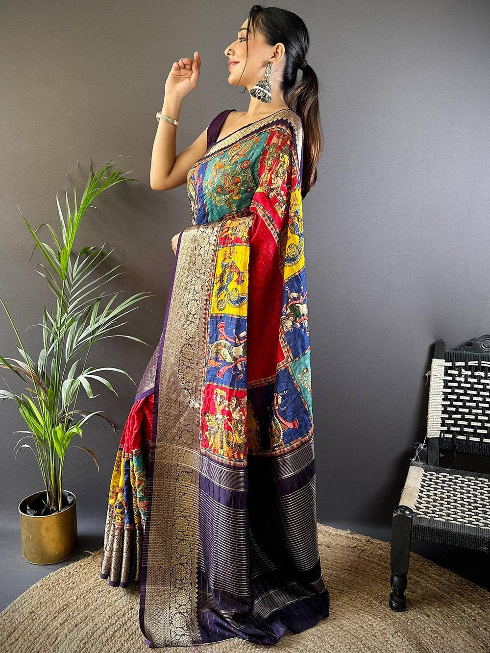 Multicolor Kalamkari Printed Banarasi Silk Saree for Women with Rich Zari Border