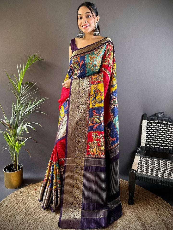 Multicolor Kalamkari Printed Banarasi Silk Saree for Women with Rich Zari Border