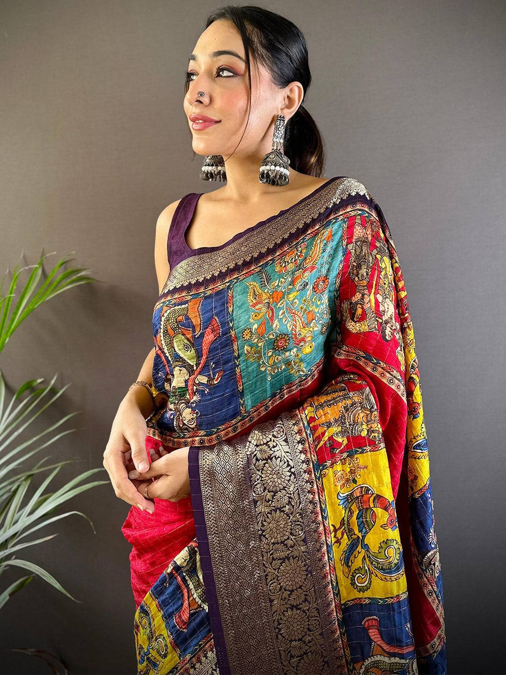 Multicolor Kalamkari Printed Banarasi Silk Saree for Women with Rich Zari Border